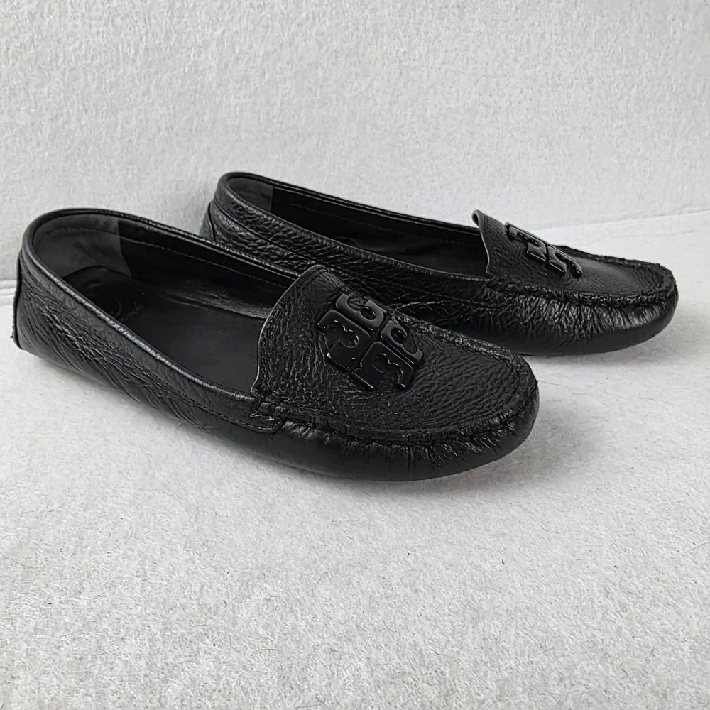 Tory Burch Ines Driver Black Pebbled Leather Loafers Tonal Logo 55810 Size 6M